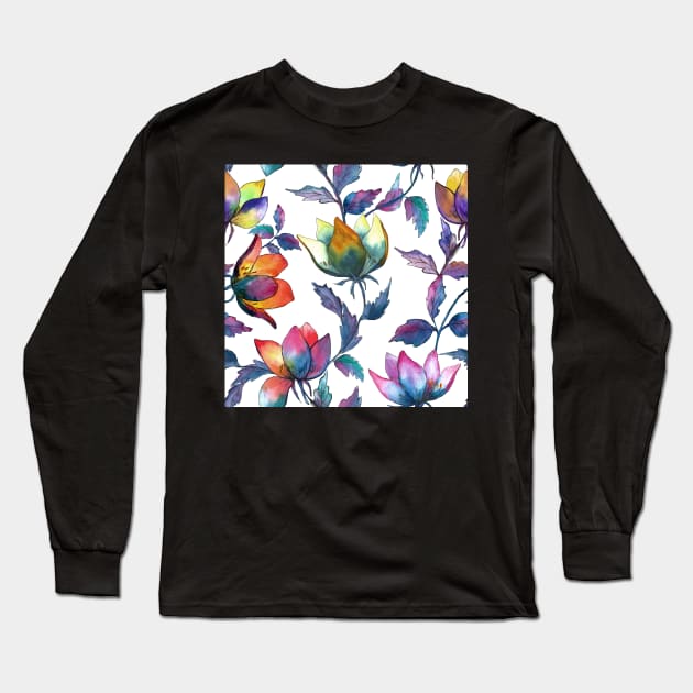 Exotic tropical flower. Colorful fantasy floral composition. Ink and watercolor illustration Long Sleeve T-Shirt by likapix